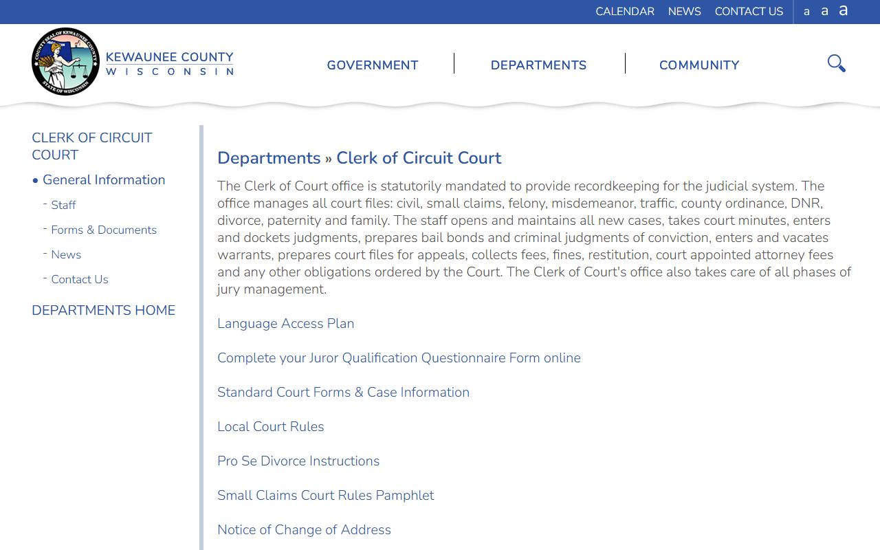 Kewaunee County Clerk of Circuit Court page for court record functions
