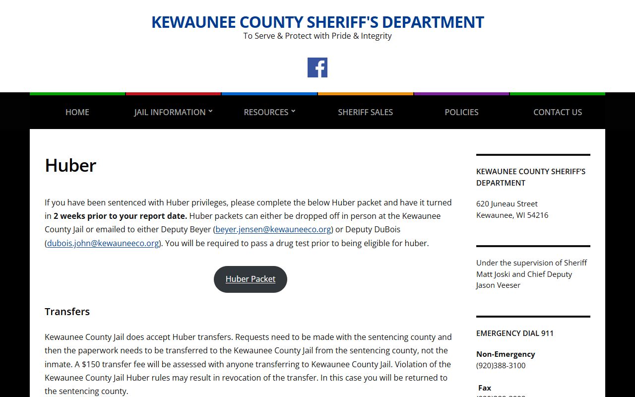 Kewaunee County Jail Huber and electronic monitoring fee information