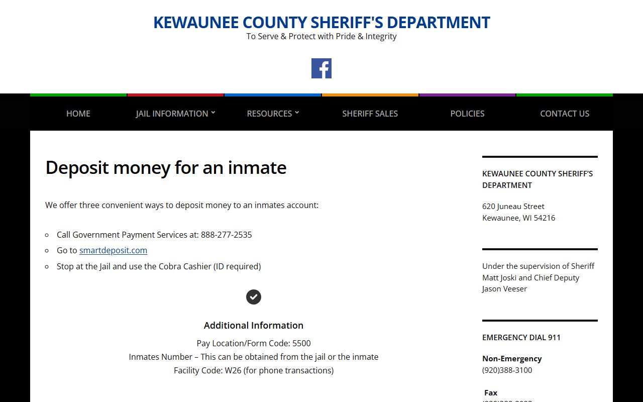 Kewaunee County Jail inmate money and commissary instructions