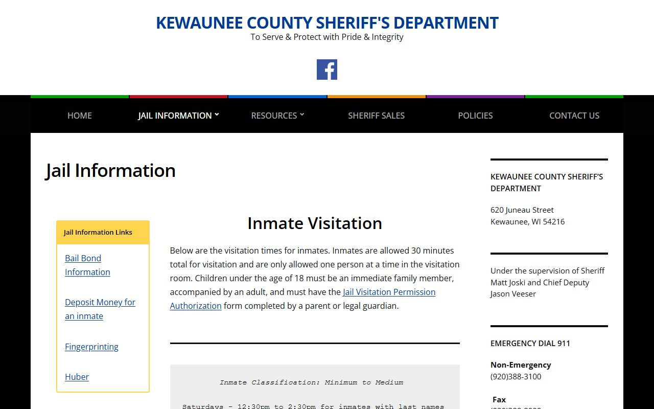 Kewaunee County jail information and inmate visitation page