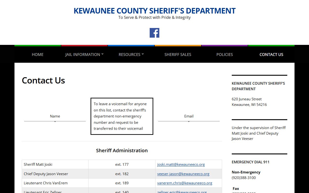 Kewaunee County jail mugshots sheriff records contact page