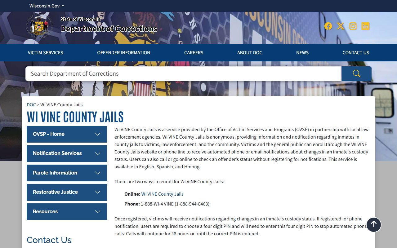 Kewaunee County inmate records WI VINE county jail custody notification page